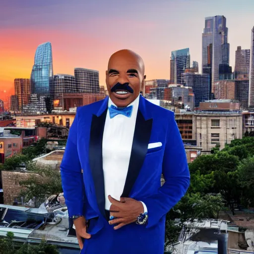 Prompt: Steve Harvey with blue skin, city rooftop at sunset