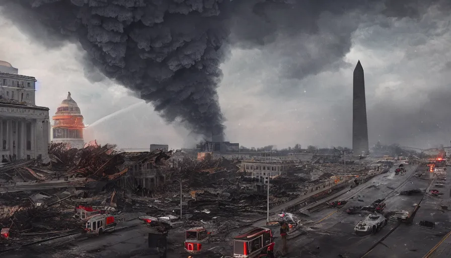 Prompt: tornado destroy washington dc during storm, debris, fire, ashes, smoke columns, dirty ground, damaged and destroyed buildings, hyperdetailed, artstation, cgsociety, 8 k