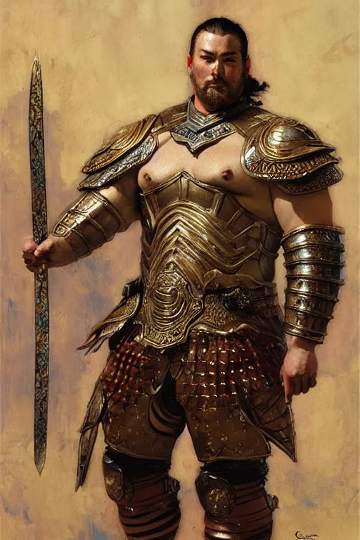 Image similar to beefy male wearing armor, tang dynasty, painting by gaston bussiere, craig mullins, j. c. leyendecker, tom of finland