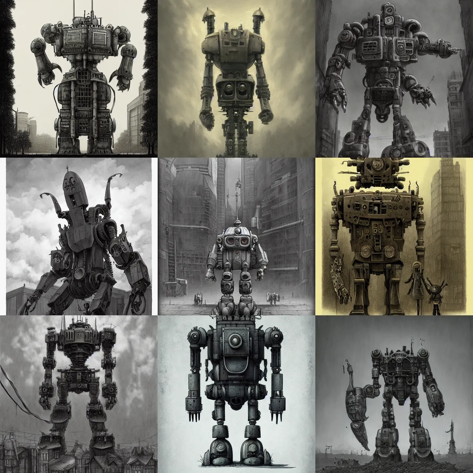 Prompt: a giant robot in the style of John Kenn Mortensen, realistic painting, high definition, digital art, matte painting, very detailed, realistic