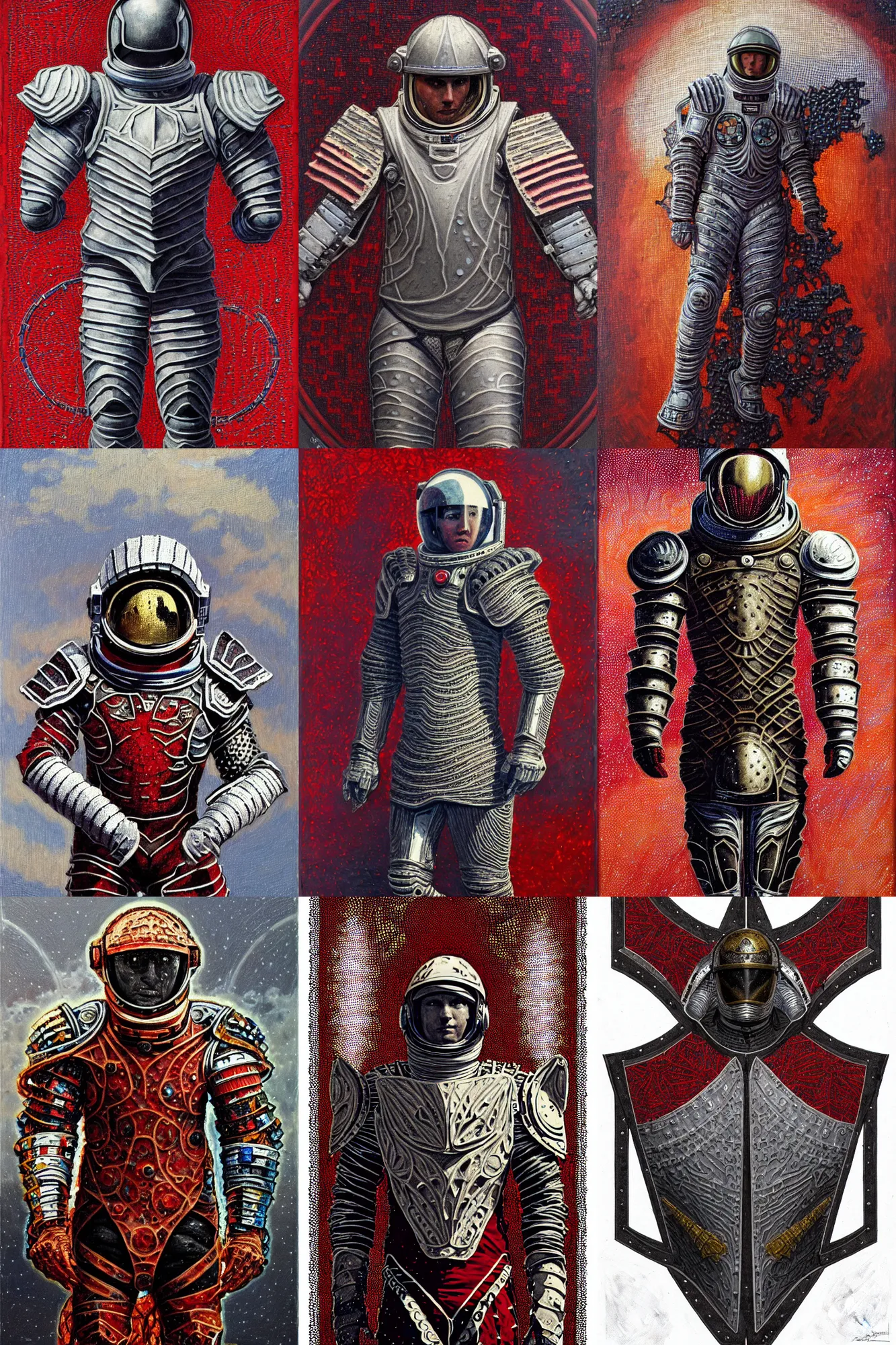 Prompt: battle scene, astronaut - gladiator!! fractal armor with girih bargello pattern, lorica segmentum, tonalist, symbolist, figurative, concept, chiaroscuro, grisaille, palette knife, heraldry, frenetic, stippling, shadows, luminous, sublime, edge lighting, payne's grey, venetian red