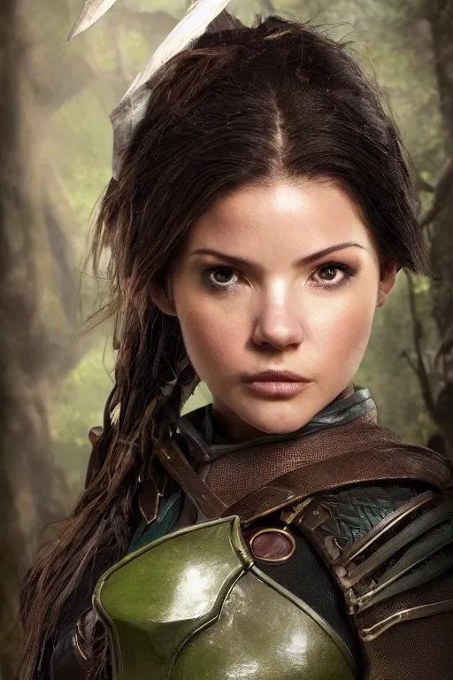 Image similar to fantasy character photo. female ranger. danielle campbell. facial expression of manic obsessive love. tall, lanky, athletic, wiry. brown & dark forestgreen leather armor. little feathered hat, lightgreen, worn at jaunty angle. black hair in ponytail. bright blue eyes. leaning against the exterior wall of a tavern