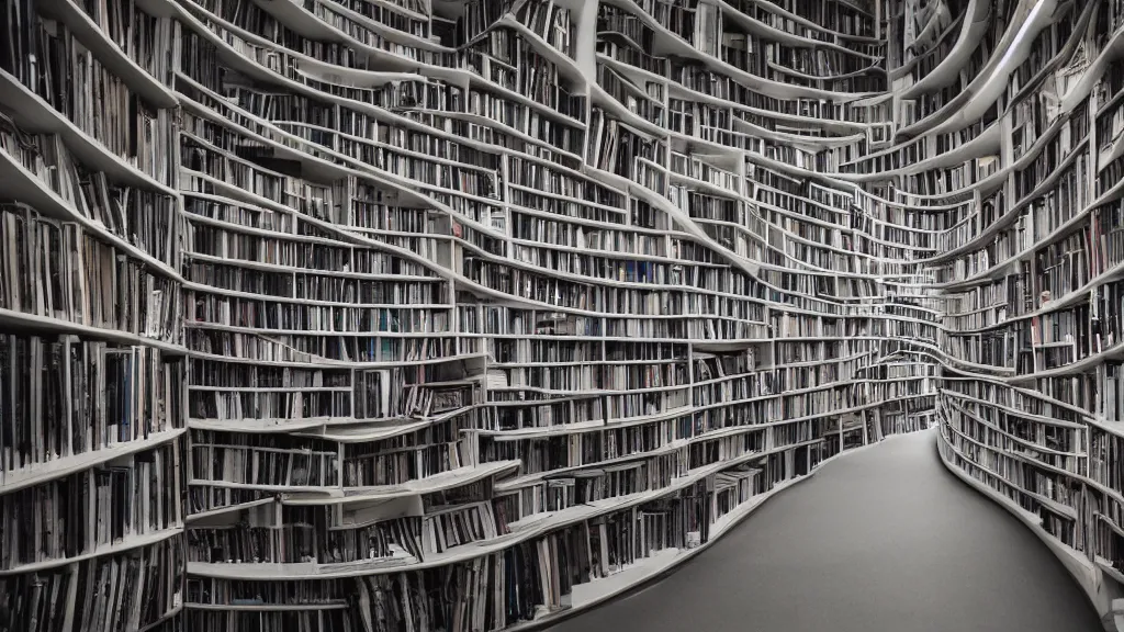 Image similar to infinite tunnel made of curved bookshelfs, leica summilux 3 5 mm f / 1. 4,