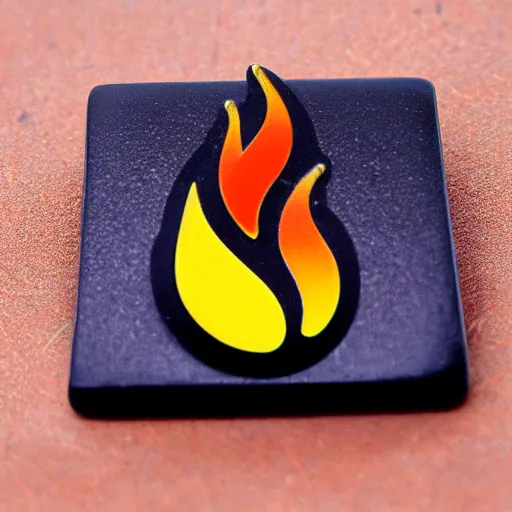 Image similar to a square enamel pin of a fire flames blaze label, smooth curves, behance