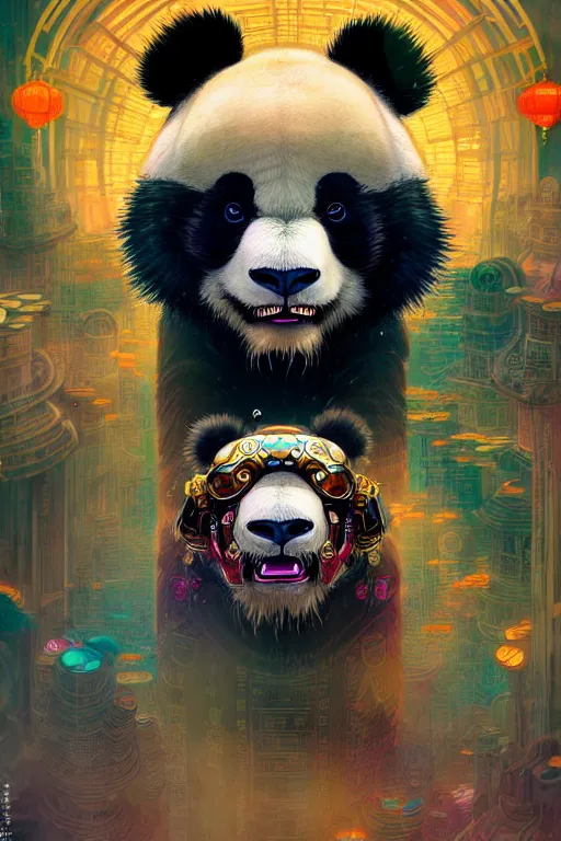 Image similar to a beautiful hyperdetailed character design 4 k wallpaper illustration of a cute panda with a chinese lion dance head victo ngai cyberpunk style, from china, style of studio ghibli, makoto shinkai, raphael lacoste, louis comfort tiffany, artgerm, james jean, ross tran, chinese style