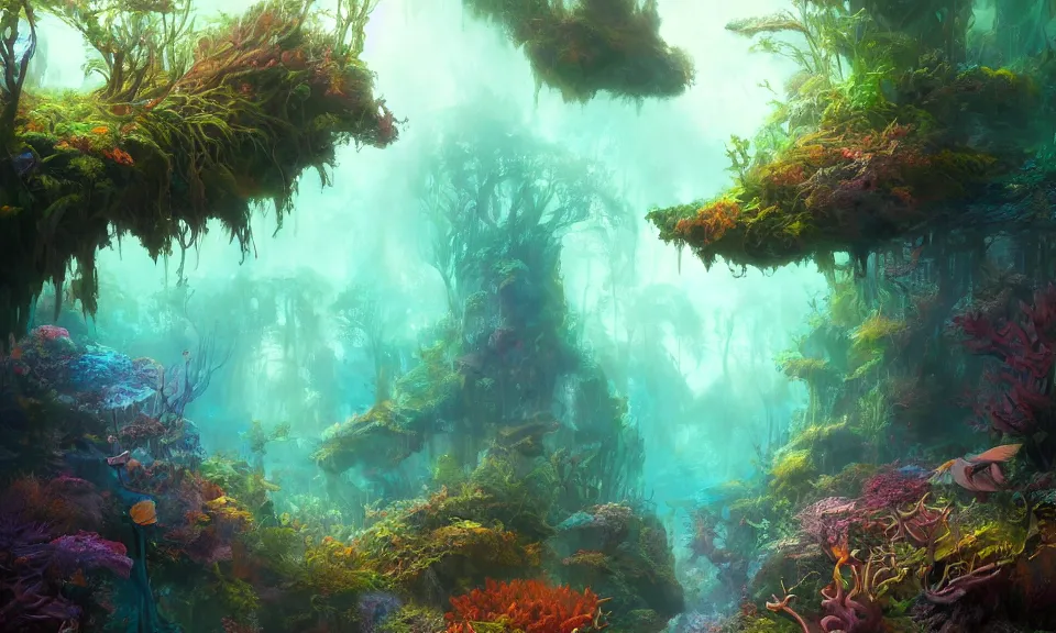 Prompt: underwater forest, highly detailed, magic fantasy, digital art, vibrant colors, keyframe illustration, trending on artstation, andreas rocha, sylvain sarrailh, darek zabrocki, finnian macmanus, dylan cole, liang mark, albert bierstadt, sung choi, peter mohrbacher, greg rutkowski