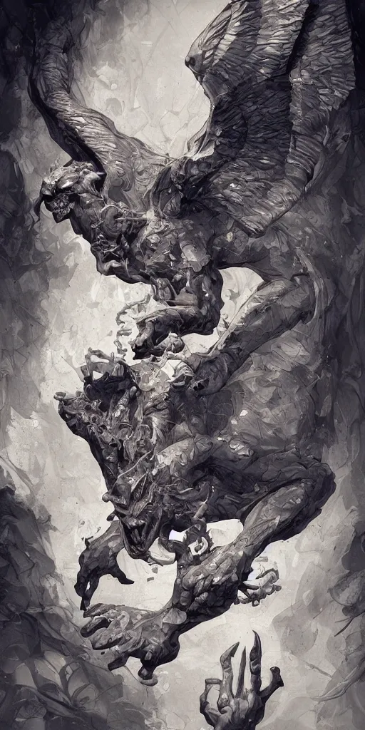 Image similar to highly detailed beautiful photography of flying gargoyle with human face, sharp focus, dynamic lighting, elegant, harmony, beauty, masterpiece, by roberto ferry, by james jean, by craig mullins, by makoto shinkai, by greg tocchini, moebius, illustration, ink draw, pen, blue background