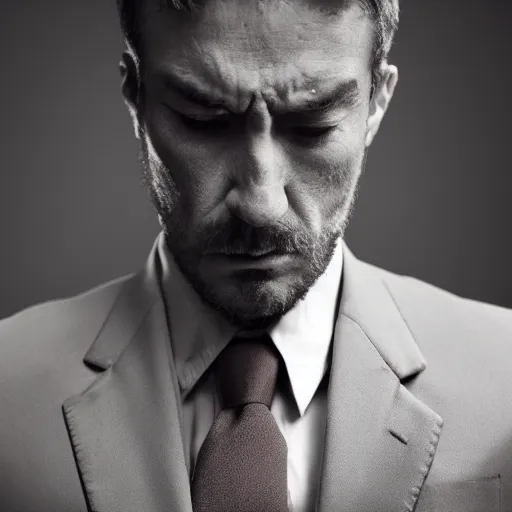 Prompt: Photo of a stern man in a beige peak lapel suit with a sad and melancholic look, grieving, chiaroscuro, facing the camera, closeup shot, cinematic promo material