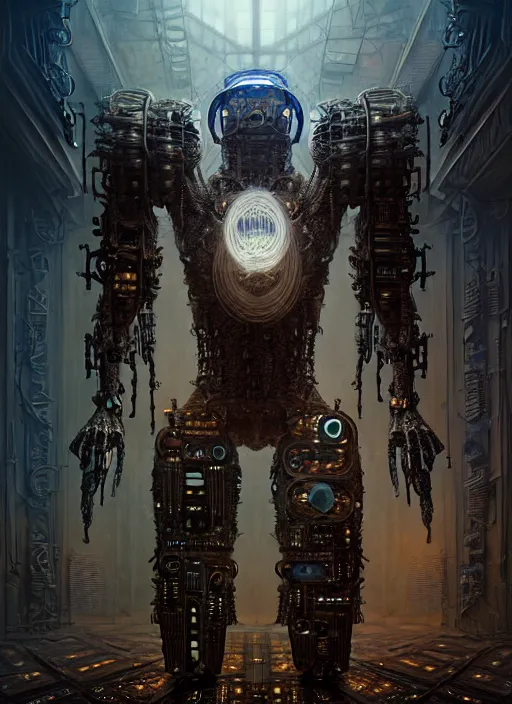 Image similar to A photorealistic 3d render of a robot monster cyborg made of circuits wide view shot by ellen jewett , tomasz alen kopera and Justin Gerard symmetrical features, ominous, magical realism, texture, intricate, ornate, royally decorated, android format, windows, many doors, roofs, complete house , whirling smoke, embers, red adornments, red torn fabric, radiant colors, fantasy, trending on artstation, volumetric lighting, micro details, 3d sculpture, ray tracing, 8k