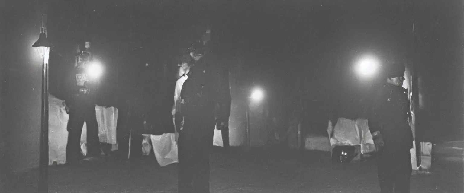 Image similar to weegee style telephoto photograph highly detailed of a a uniformed policeman circa 1 9 5 0 standing over a white body bag at night lit by street lamps and headlights.