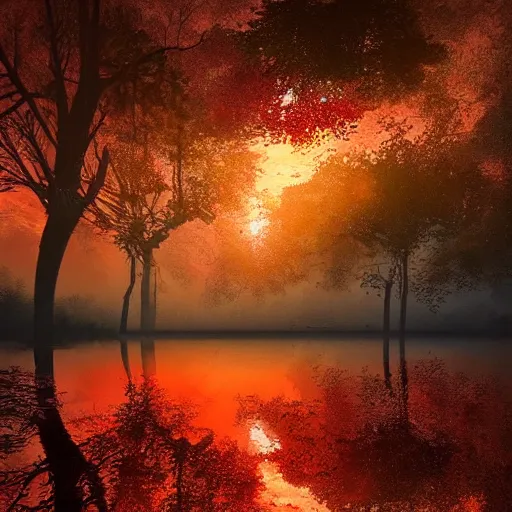 Image similar to huge orange and red mushroom in the woods, puddles of water, sunset, orange glow, foggy, by finnian macmanus and greg rutkowski