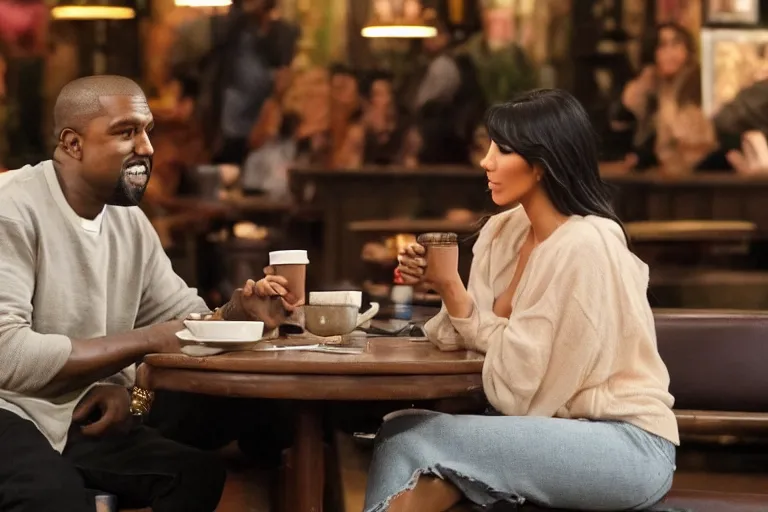 Image similar to Kanye West and Kim Kardashian (2018) are best friends, drinking coffee at central perk, still photo, hyperrealistic, highly detailed, 35mm, 8k, by weta digital