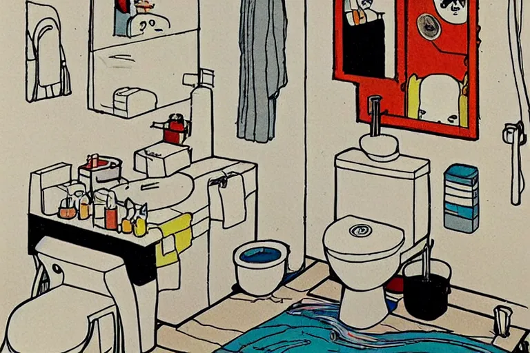 Image similar to modern bathroom, style of studio ghibli + moebius + basquiat, cute,