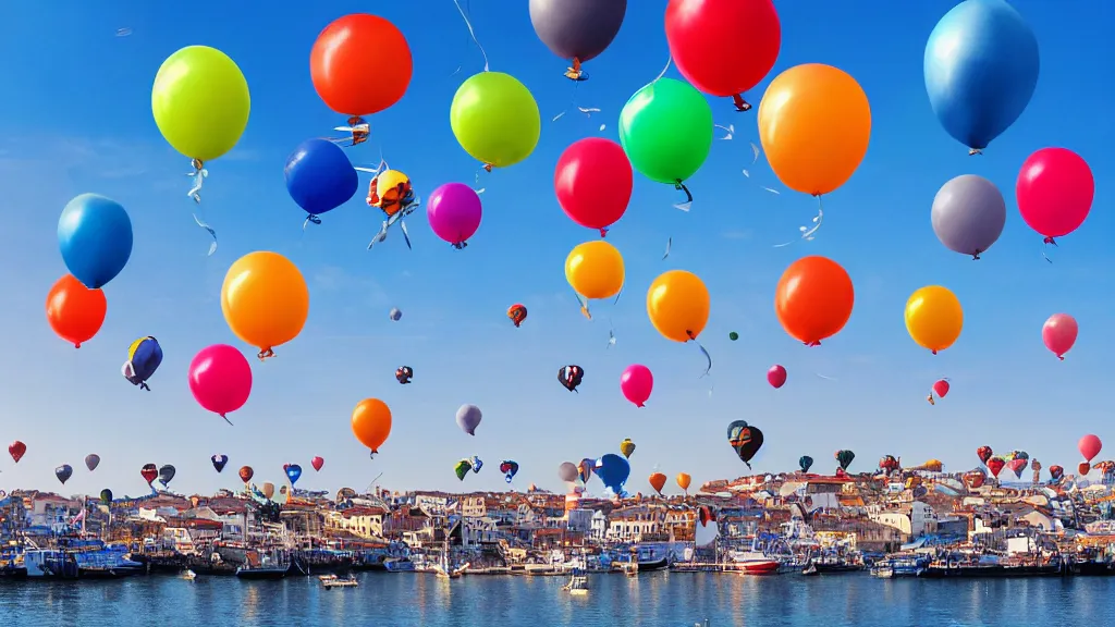 Image similar to photo of a lot of birthday balloons floating above a beautiful maritime port. sharp focus, highly - detailed, award - winning