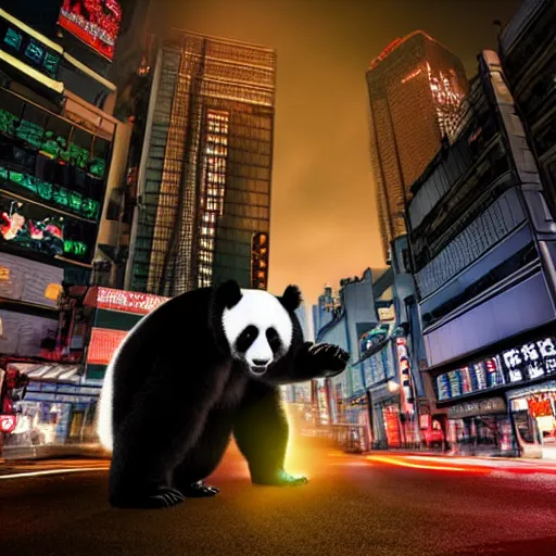 Image similar to giant panda destroying tokyo in the style of the movie godzilla, cinematic lighting framing and shadows