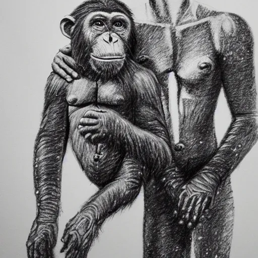 Prompt: pencil art, portait, highly detailed, epic, astronaut chimpanzee holding hands with astronaut.