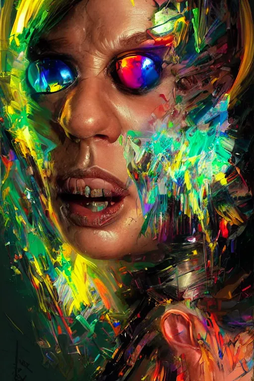Prompt: portrait, headshot, digital painting, an delightfully mad techno - shaman lady, wink, synthwave, reaction diffusion, glitch, refraction, fracture, realistic, hyperdetailed, chiaroscuro, concept art, art by john berkey