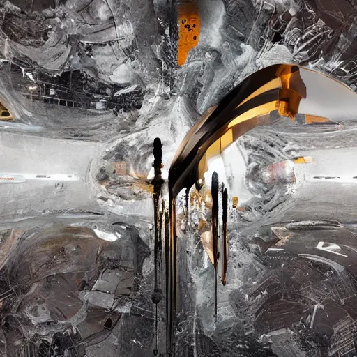 Image similar to digital sci-fi oily gloss reflection zaha hadid airport motherboard with organic forms in liquid and oil on the coronation of napoleon painting, on moon with medium size man walking with black background and digital billboard in the middle. unreal engine 5, keyshot, octane, artstation trending, by Zaha Hadid architects, by Matrix film color, high contrast pinterest black plastic, dark atmosphere pinterest tilt shift, 4k, 8k, 16k.