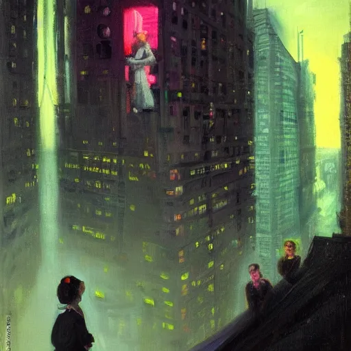 Prompt: a girl looking down at a futuristic new york city below, ghostpunk, neon lights, fog, storm clouds, rain, detailed face, oil painting, by george bellows