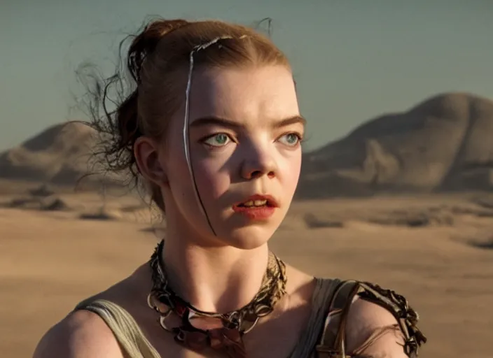 Prompt: anya taylor - joy in mad max fury road, cinestill, anamorphic