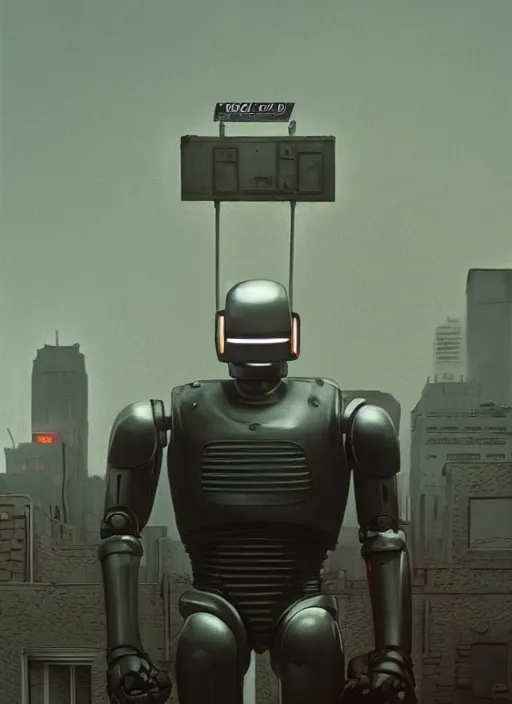 Image similar to RoboCop (1987), very low angle photograph, very detailed, trending on artstation, hyperrealistic, soft colors, simon stålenhag, lovecraft, horror
