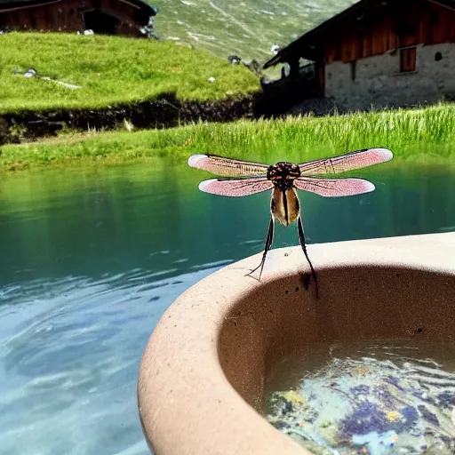 Image similar to dragonfly in a bathtub in the alps, goat!!!!! in background