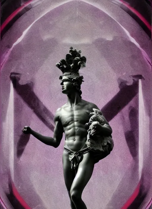 Image similar to elegant dark design poster showing a beautiful greco roman statue of hermes, black background with very subtle red and purple design elements, bold, powerful, nekro, vito acconci, thin straight purple lines, dark, glitch art, neo vaporwave, gritty, layout frame, square, trending on artstation