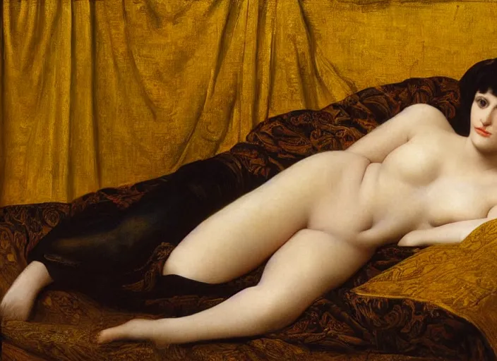 Image similar to portrait of liza minelli as a medieval lady reclining on bed, wearing yellow ochre, preraphaelite colour photography by frederic leighton, 8 k