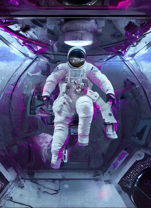 Prompt: complex poster by craig mullins astronaut in futuristic dark and empty spaceship underwater. infrared glowing lights. complex and hyperdetailed technical pink suit. reflection and dispersion materials. rays and dispersion of light. volumetric light. 5 0 mm, f / 3 2. noise film photo. flash photography. unreal engine 4, octane render. interstellar movie art