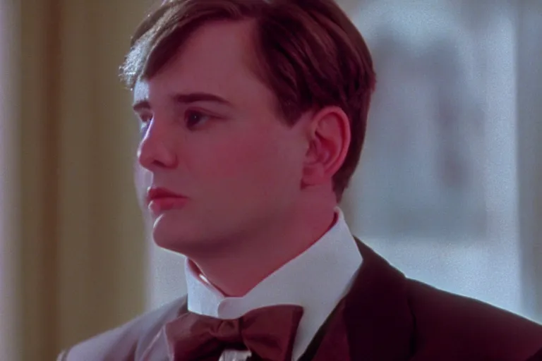 Image similar to cinematic still of chubby clean-shaven white man wearing chocolate brown suit and necktie in Casper (1995), XF IQ4, f/1.4, ISO 200, 1/160s, 8K, RAW, dramatic lighting, symmetrical balance, in-frame