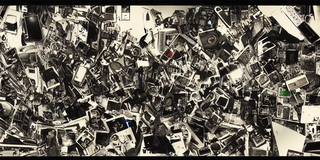 Prompt: a tornado of digital devices, wide angle shot, polaroid, max ernst