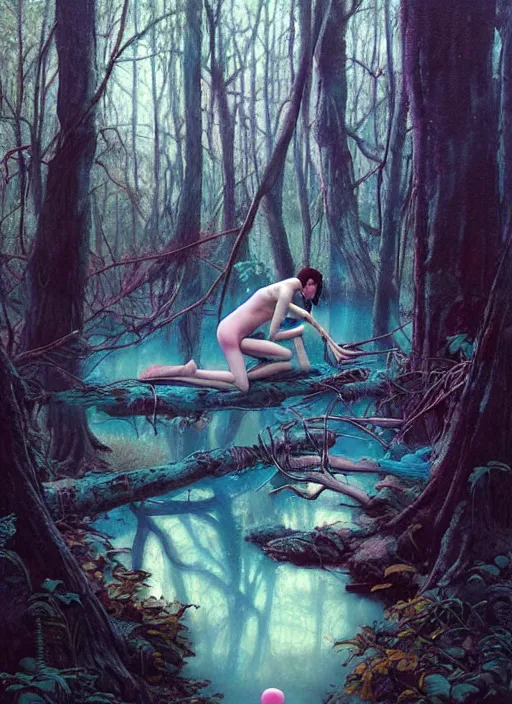 Image similar to bubblegum in the woods by a stream, river gorgeous lighting, lush forest foliage blue sky a hyper realistic painting by chiara bautista and beksinski and norman rockwell and greg rutkowski, tom bagshaw weta studio, and lucasfilm