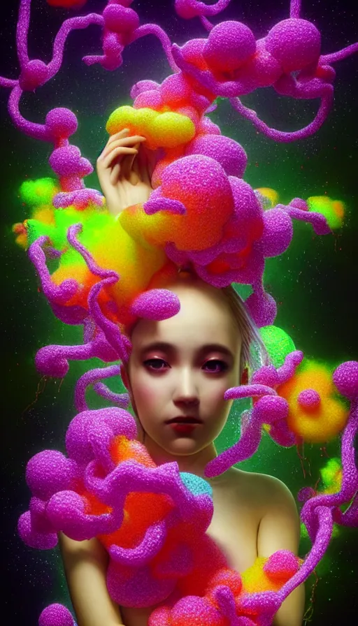 Image similar to hyper detailed 3d render like a Oil painting - kawaii Aurora (Singer) seen Eating of the Strangling network of colorful yellowcake and aerochrome and milky Fruit and Her delicate Hands hold of gossamer polyp blossoms bring iridescent fungal flowers whose spores black the foolish stars by Jacek Yerka, Mariusz Lewandowski, Houdini algorithmic generative render, Abstract brush strokes, Masterpiece, Edward Hopper and James Gilleard, Zdzislaw Beksinski, Mark Ryden, Wolfgang Lettl, hints of Yayoi Kasuma, octane render, 8k