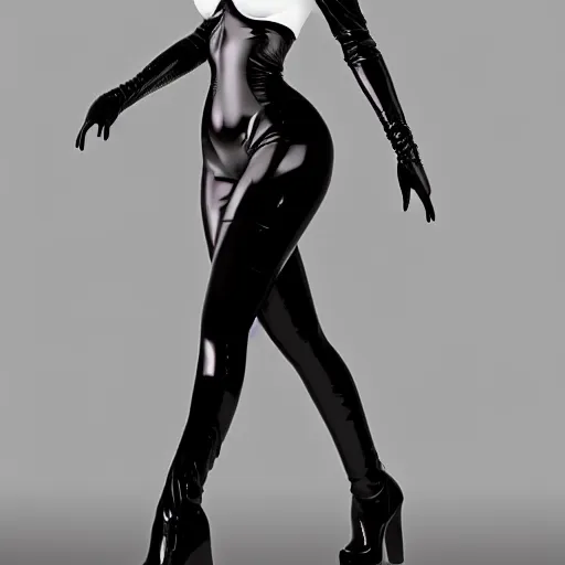 Image similar to curvy feminine pale goth woman with elegant tight black-silver nylon and latex outfit, cgsociety, realistic, highly detailed, sublime, 16k, smooth, sharp focus, trending on ArtStation, hyperdetailed, volumetric lighting