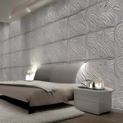 Prompt: A room with futuristic furniture, wallpaper on the walls, highly detailed, high definition, sharp focus,