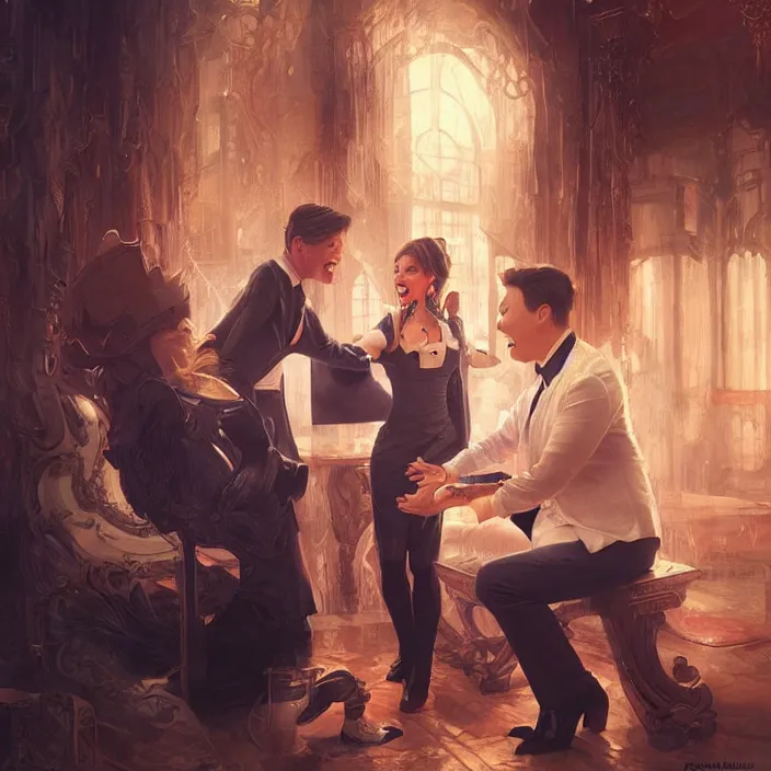 Image similar to michael mcintyre flirting with a singing waitress, elegant, real life skin, intricate artwork, high detailed, artstation, concept art, smooth, sharp focus, art by artgerm and greg rutkowski