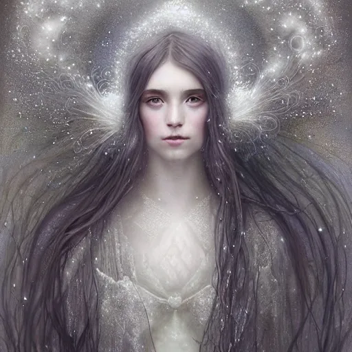 Image similar to Beautiful Delicate Detailed portrait of snow woman, With Magical grey eyes by Tom Bagshaw, Bastien Lecouffe Deharme, Erik Johansson, Amanda Sage, Alex Grey, Alphonse Mucha, Harry Clarke, Josephine Wall and Pino Daeni, Delicate winter frozen creature With long white windy Hair and Magical Sparkling Eyes, Magic Particles; Magic Swirls, in a oit of this world magical frozen landscape, 4K; 64 megapixels; 8K resolution concept art; detailed painting; digital illustration; hyperrealism; trending on Artstation; Unreal Engine Photorealistic, lifelike, Unreal Engine, sharp, sharpness, detailed, 8K