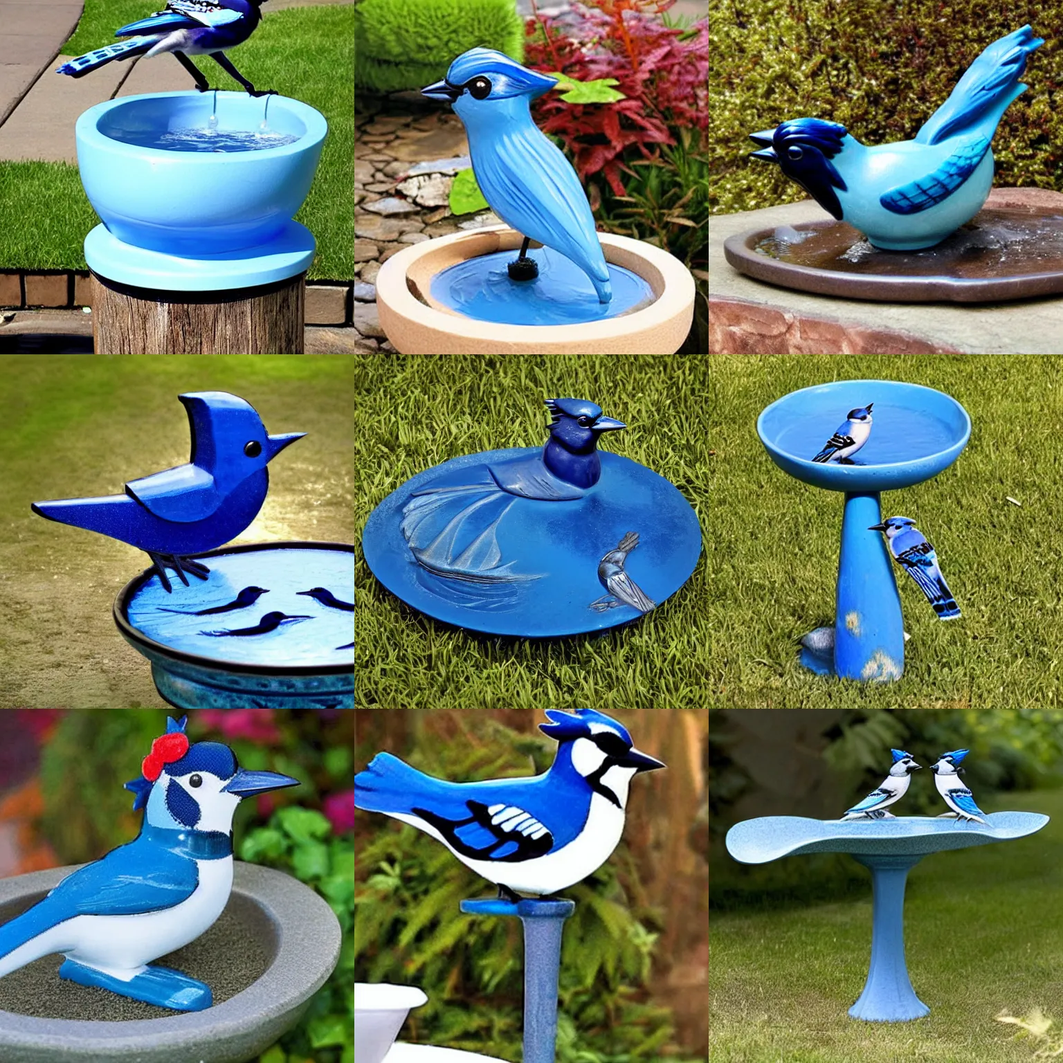 Prompt: a bird bath shaped like a blue jay