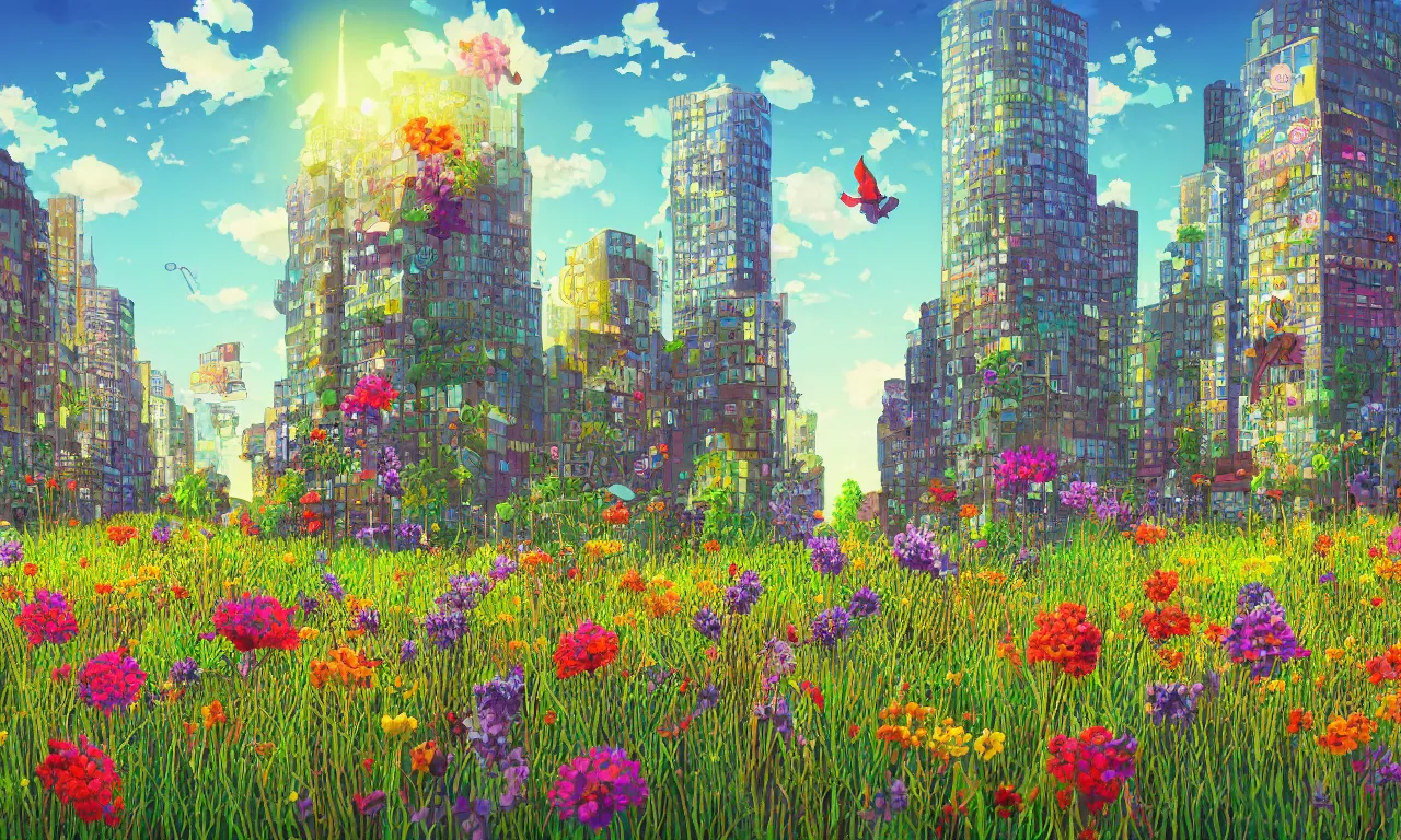 Image similar to twiddle a plopple, field flowers, busy cityscape, digital art, 3 d illustration