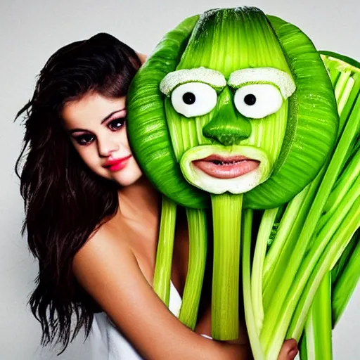 Image similar to selena gomez made out of celery, a human face with celery for hair, celery in the shape of a human face, a bunch of celery sitting on a cutting board, professional food photography