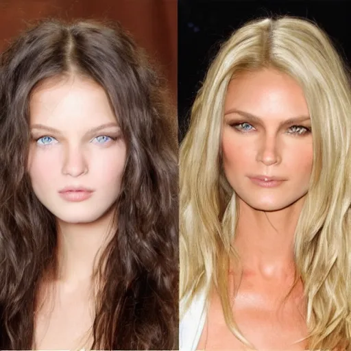 Image similar to before and after picture of a beautiful supermodel with long hair and the same supermodel with short hair