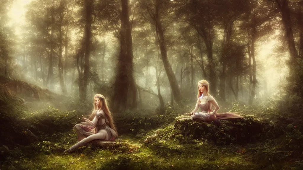 Image similar to elven princess sitting alone in the melancholy forest. andreas achenbach, artgerm, mikko lagerstedt, zack snyder, tokujin yoshioka