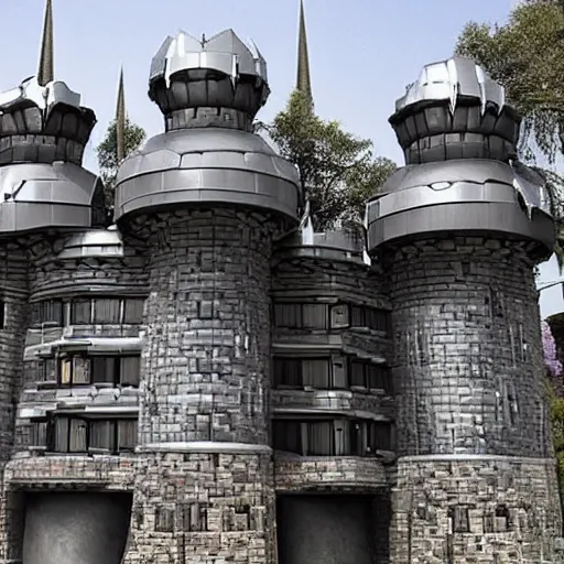 Prompt: futuristic metal castle with machine guns on he walls