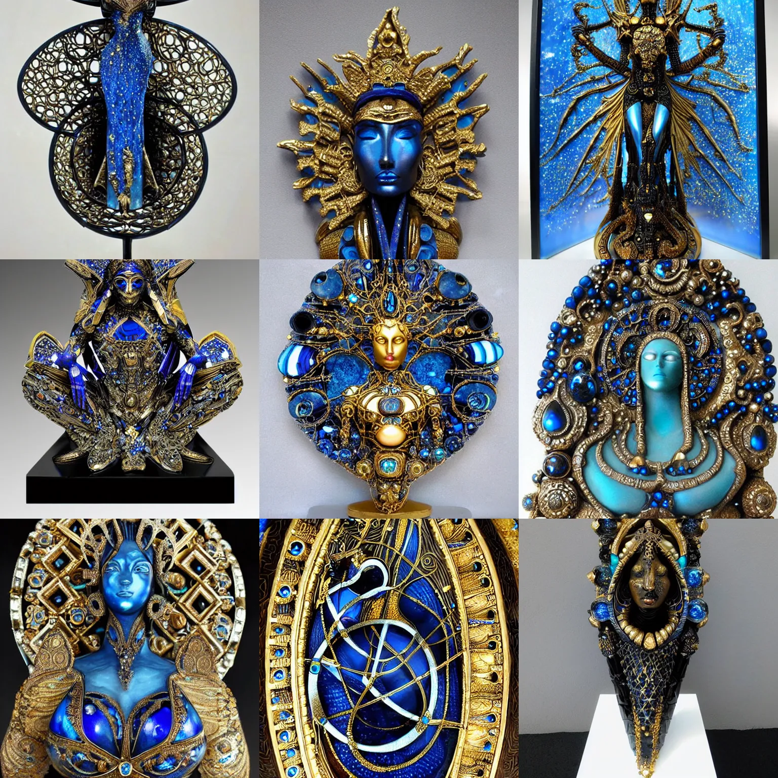 Prompt: futuristic intricate detailed sculpture of cosmic space empress grambiah, stone and glass, gorgeous, high contrast, blue gold and black