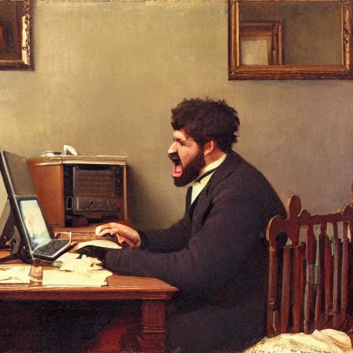 Image similar to an angry man yells at his computer monitor, oil on canvas, 1 8 8 3, highly detailed, high resolution