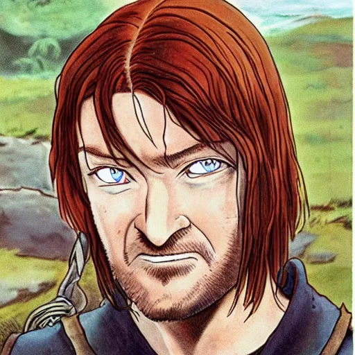 Image similar to boromir from the anime lord of the rings (1986), ginger hair, looking serious, some beard, studio ghibli, very detailed, realistic