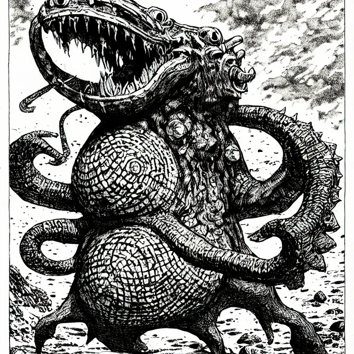 Image similar to an octorok spitting rocks, as a d & d monster, pen - and - ink illustration, etching, by russ nicholson, david a trampier, larry elmore, 1 9 8 1, hq scan, intricate details, high contrast