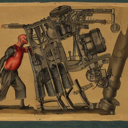 Image similar to a muscular bald man carrying engines on his back, technical diagram