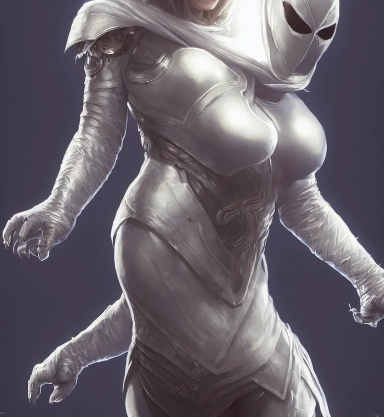 Image similar to female moon knight, hyper detailed, digital art, trending in artstation, cinematic lighting, studio quality, smooth render, unreal engine 5 rendered, octane rendered, art style by klimt and nixeu and ian sprigger and wlop and krenz cushart