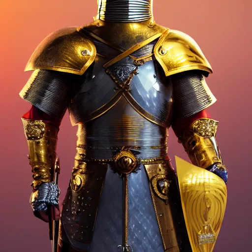 Image similar to a highly detailed knight in a T golden helmet and a golden crown with a blue diamond in the center, golden armor, leather clothes under the armor, leather gloves, holds a black sword, artstation, DeviantArt, professional, octane render, sunset lighting